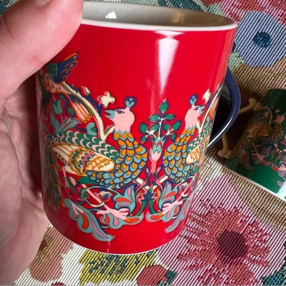 2 WILLIAM MORRIS Coffee Mugs Peacock Floral Cups Red Green Pink Bird Ornate